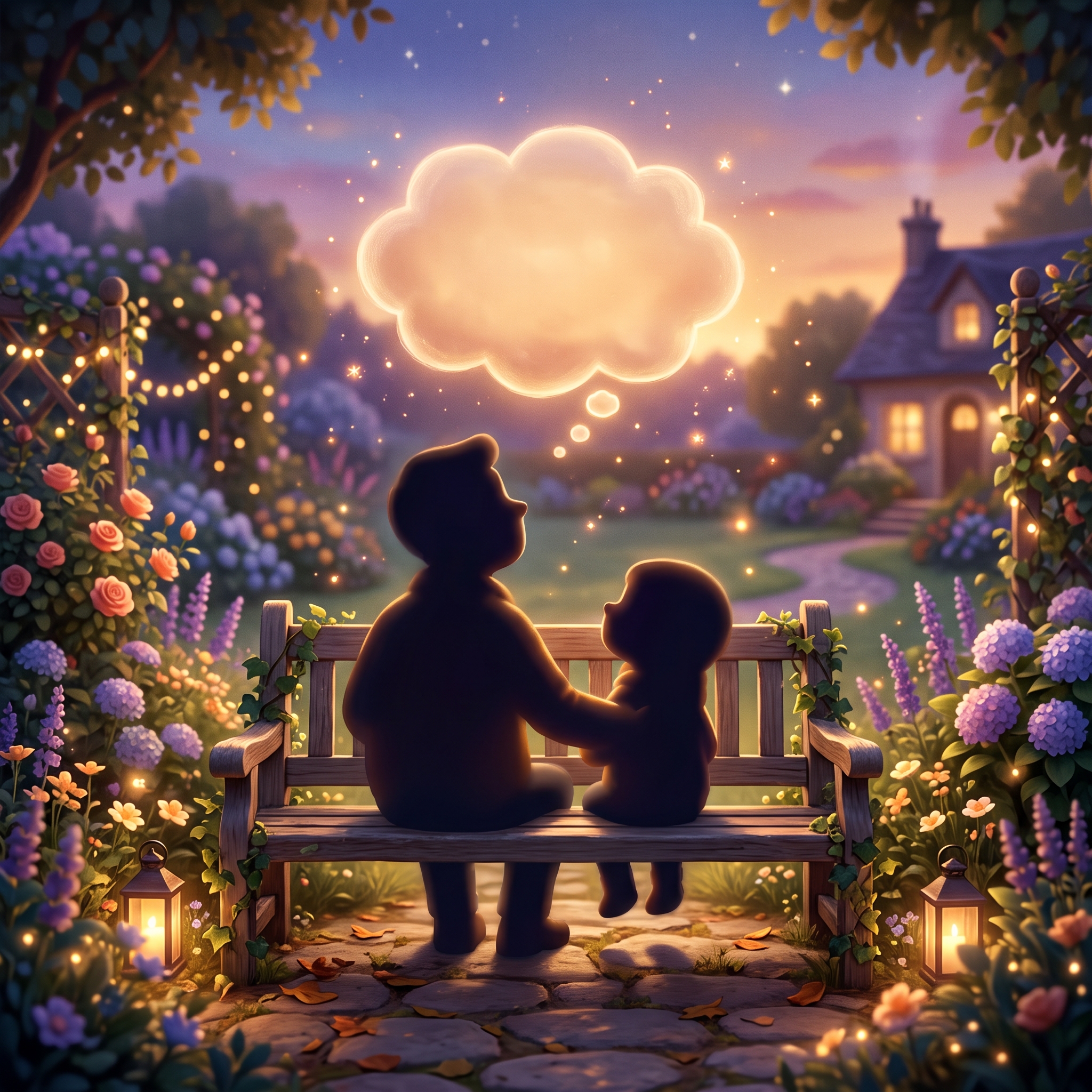 Un adulto y un chico sentados en un banco de jardín, mirando una nube de pensamiento brillante