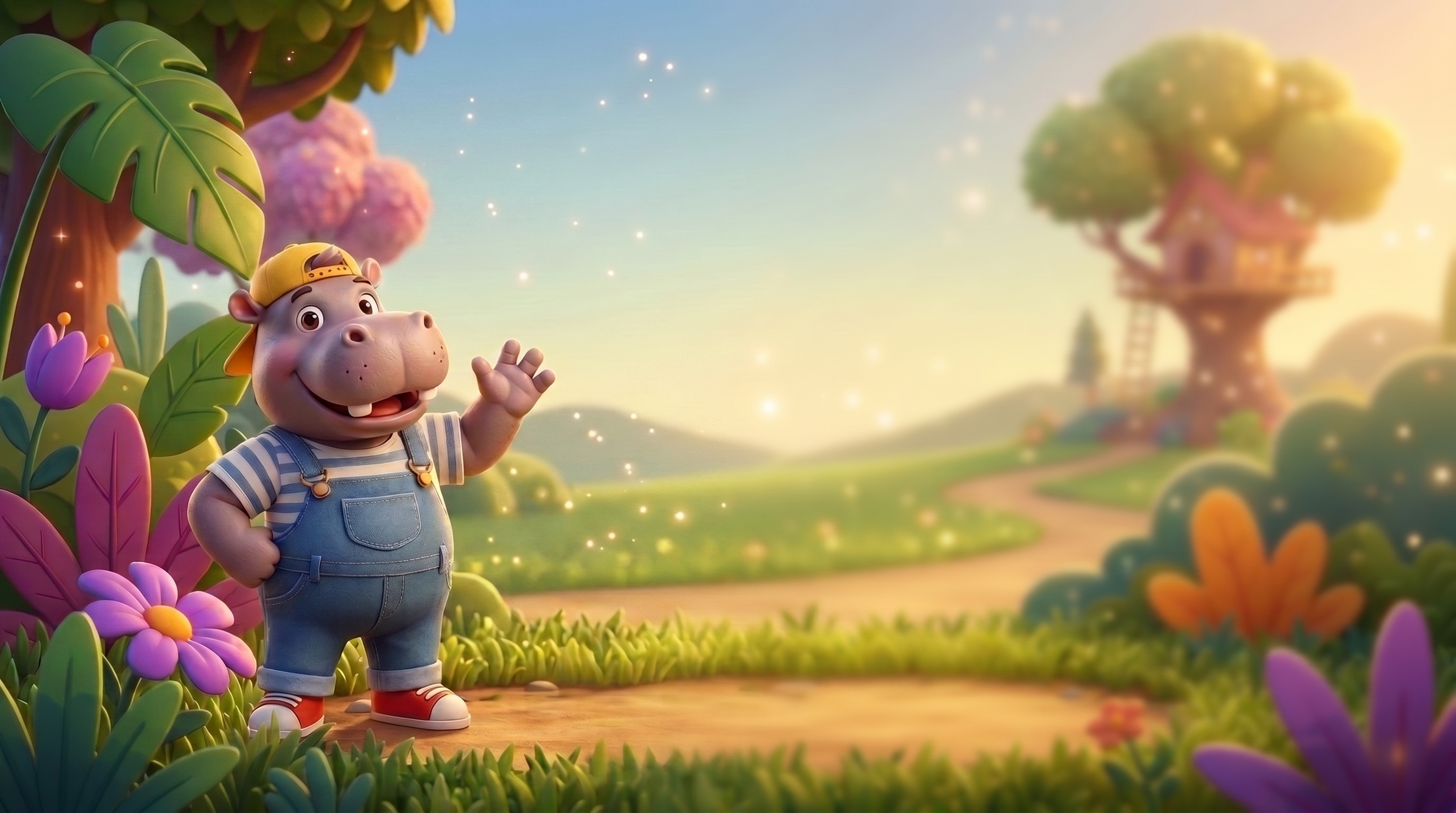 Pipo, el hipopótamo de PIPO, saludando en un jardín